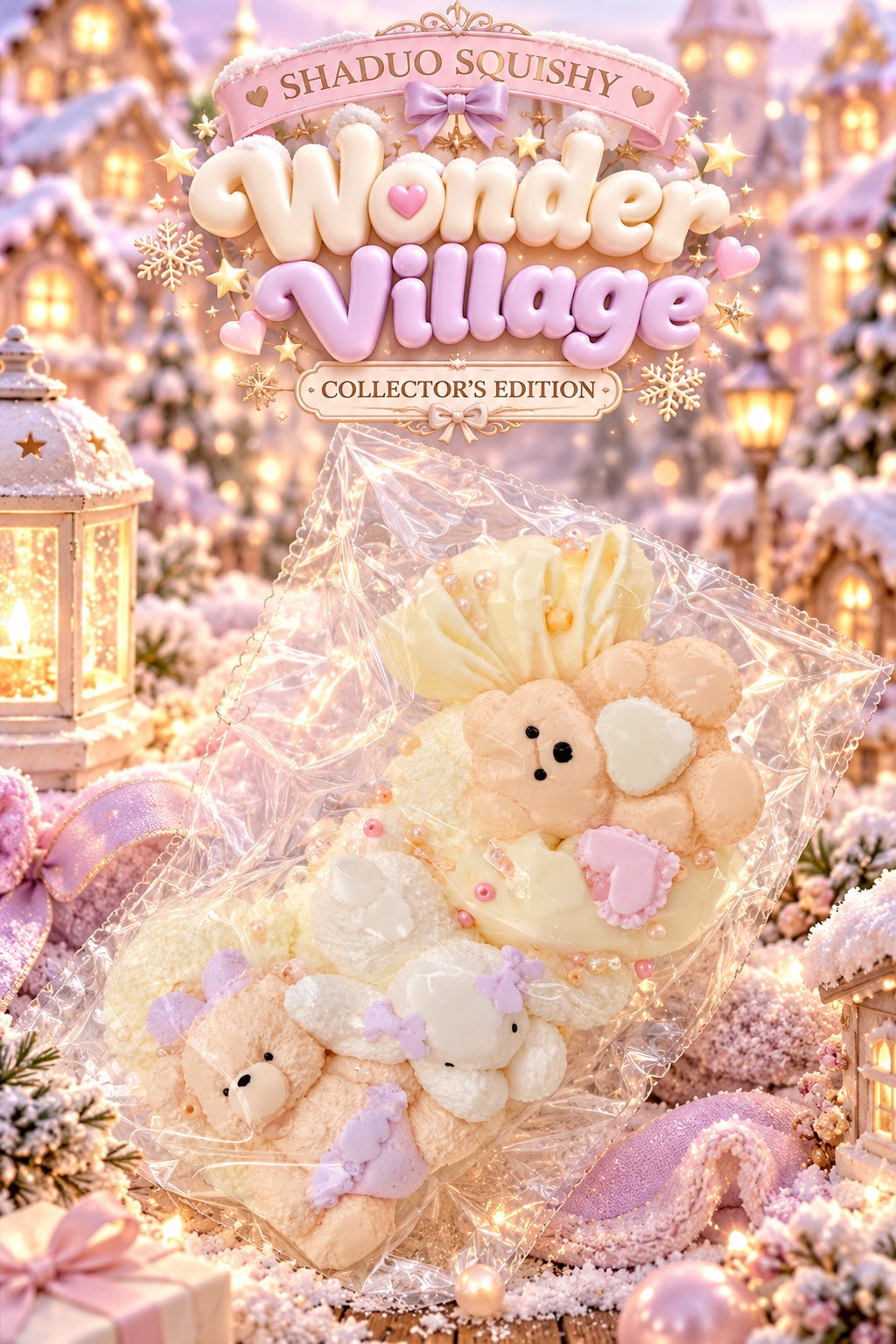 SHADUO SQUISHY Wonder Village Collector's Edition Cream Teddy Bow Squishy - cream bow squishy with teddy bears and hearts