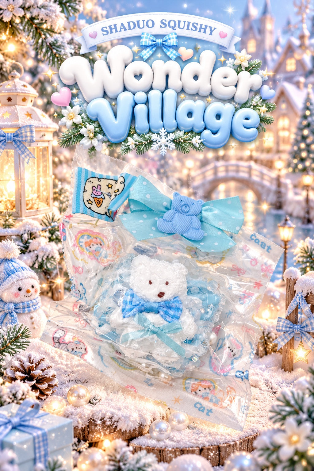 SHADUO SQUISHY Wonder Village Winter Blue Bear Squishy Bag - white bear squishy with blue gingham bow in printed bag with aqua bow