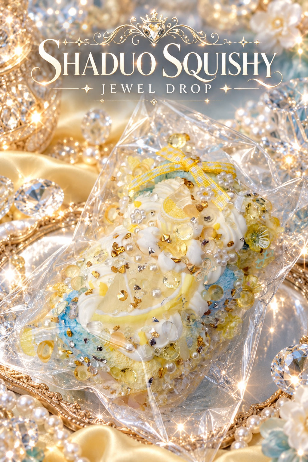 SHADUO SQUISHY Jewel Drop Lemon Cream Cake Squishy - lemon cream cake squishy with lemon slices, gems, pearls and gold flakes