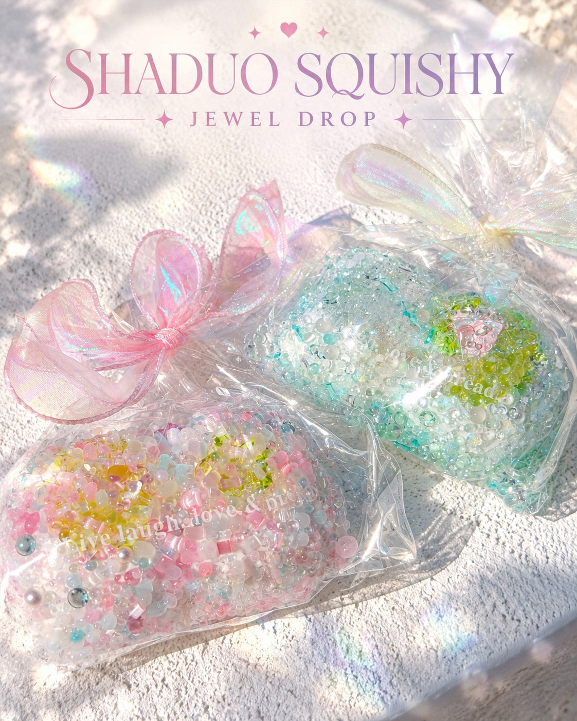 Jewel Drop bead squishy, pink and mint bags