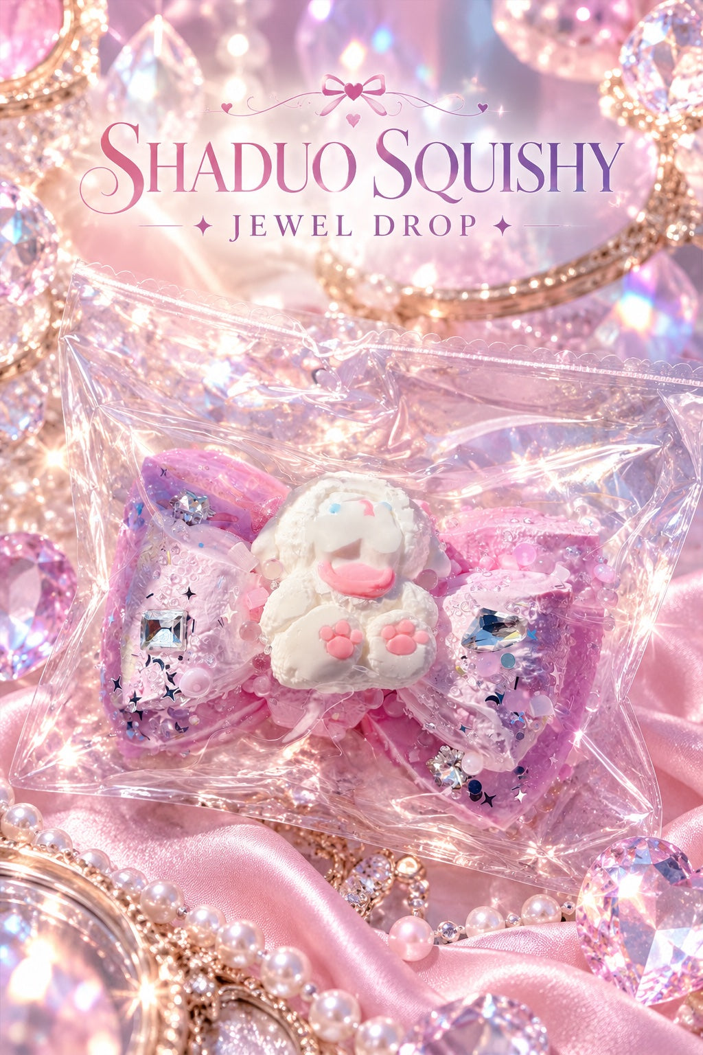 Jewel Drop pink bow bunny squishy with jewel rhinestones, pearls and stars