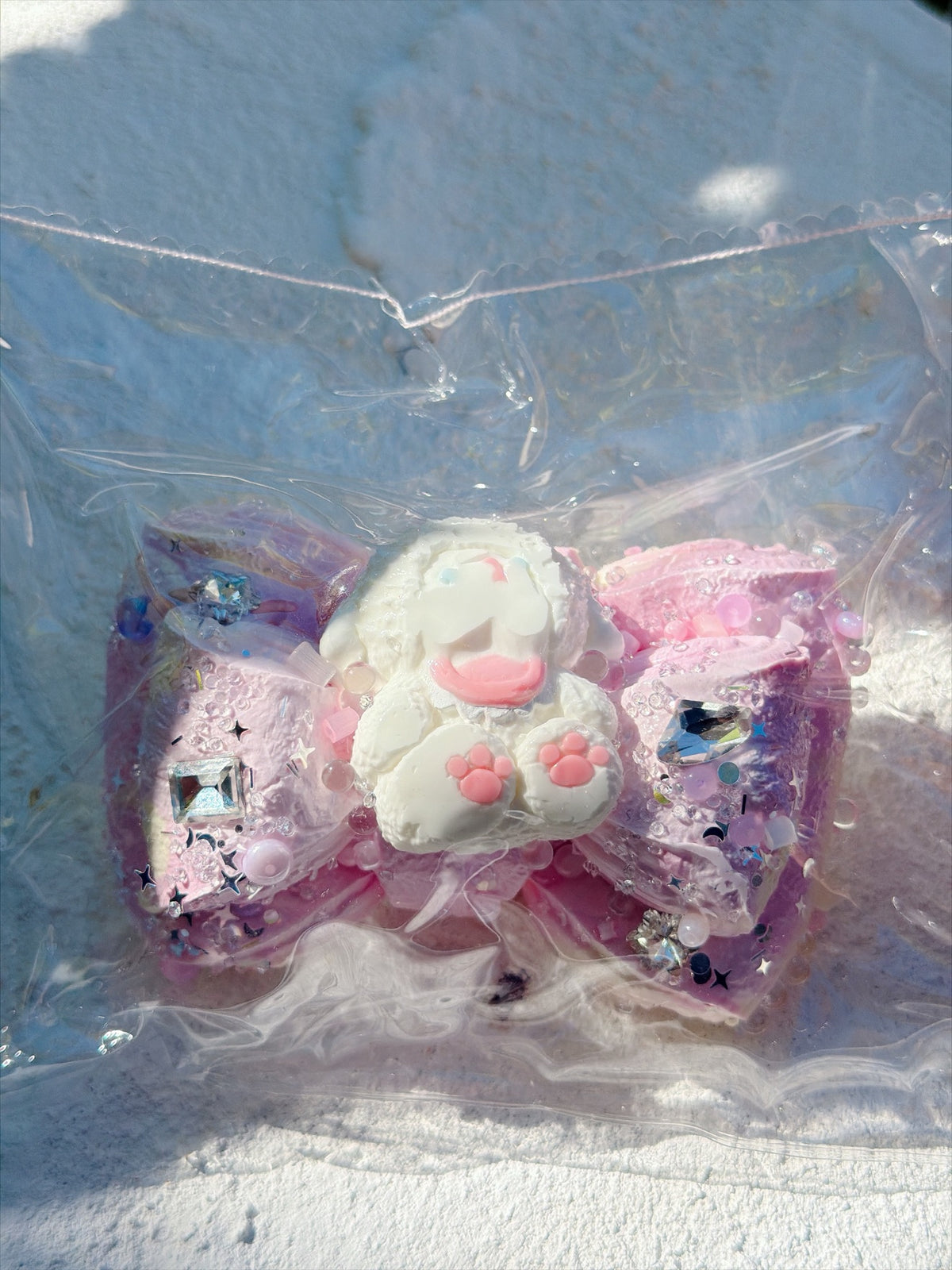 Jewel Drop pink bow bunny squishy with jewel rhinestones, in a clear bag