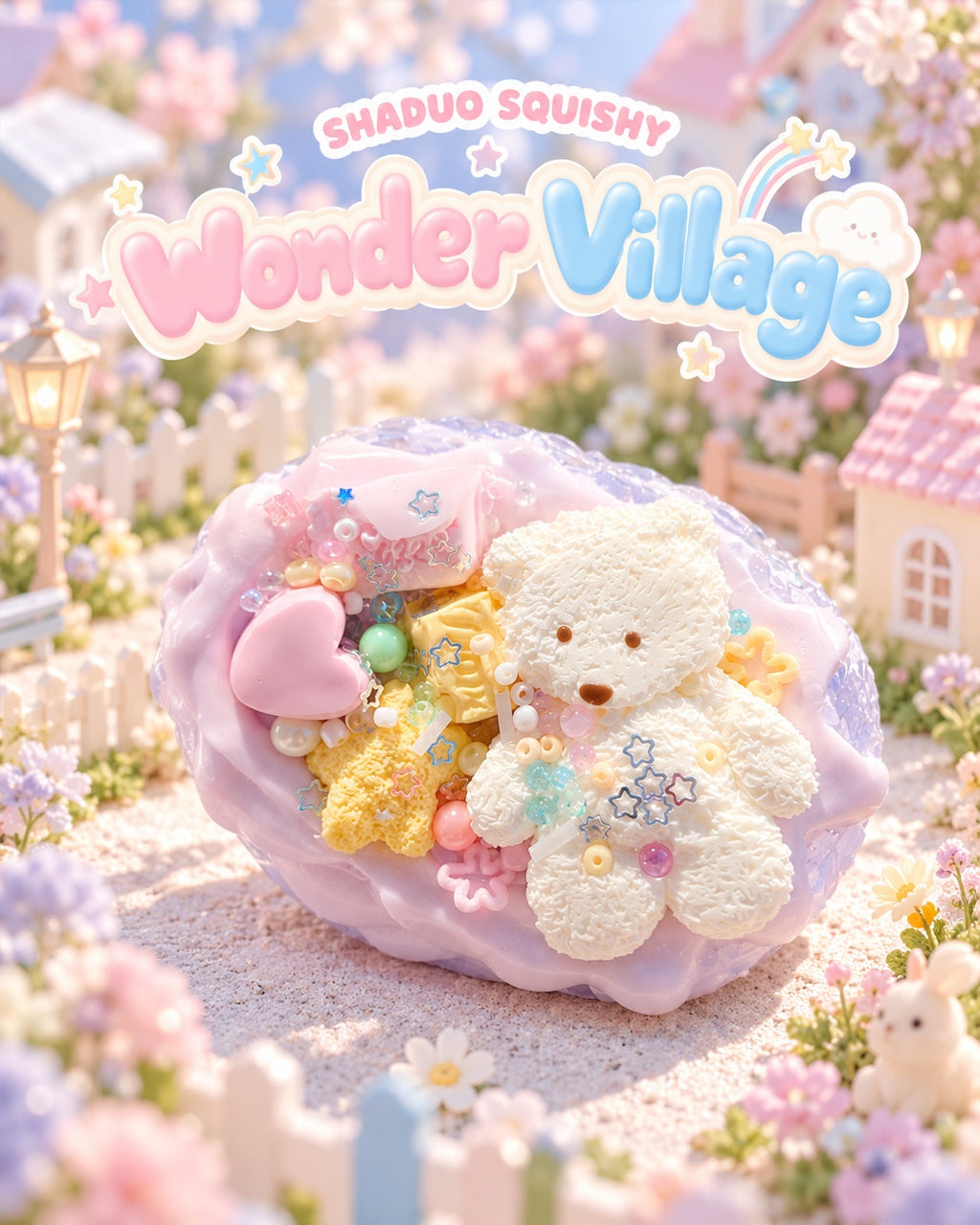 Wonder Village bear bun squishy in a miniature village scene