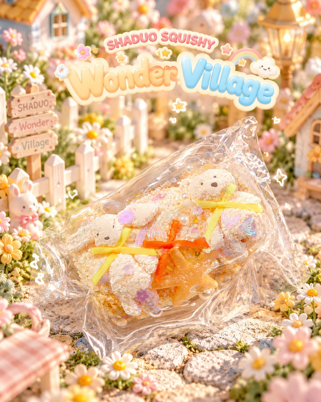 Wonder Village bear starfish squishy with white bears, yellow and orange ribbons, starfish and pearls, in a miniature village scene