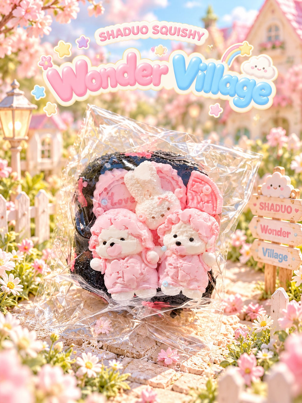 Wonder Village black pink bear squishy with pink bear figures and white bunny, in a miniature village scene