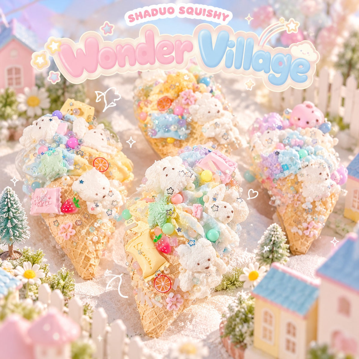 Wonder Village ice cream cone squishies in a miniature village scene