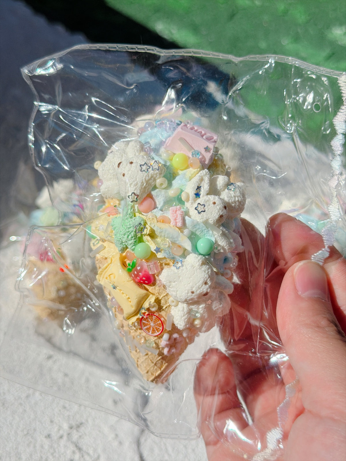 Wonder Village ice cream cone squishy, another angle, in a clear bag