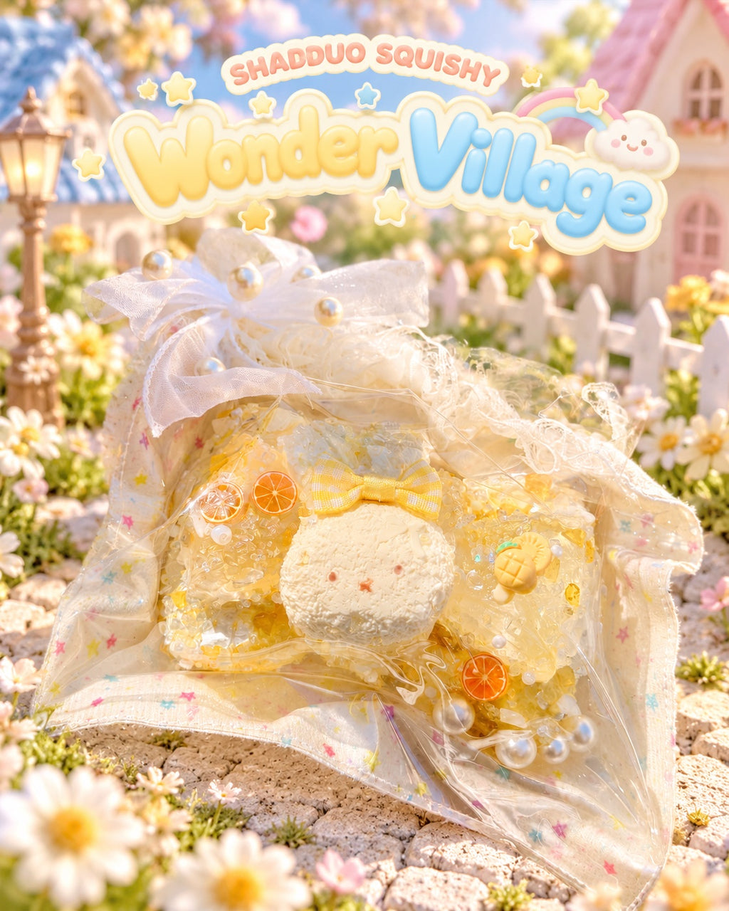 Wonder Village lemon bunny squishy with yellow bow, orange slices and pearls, in a miniature village scene