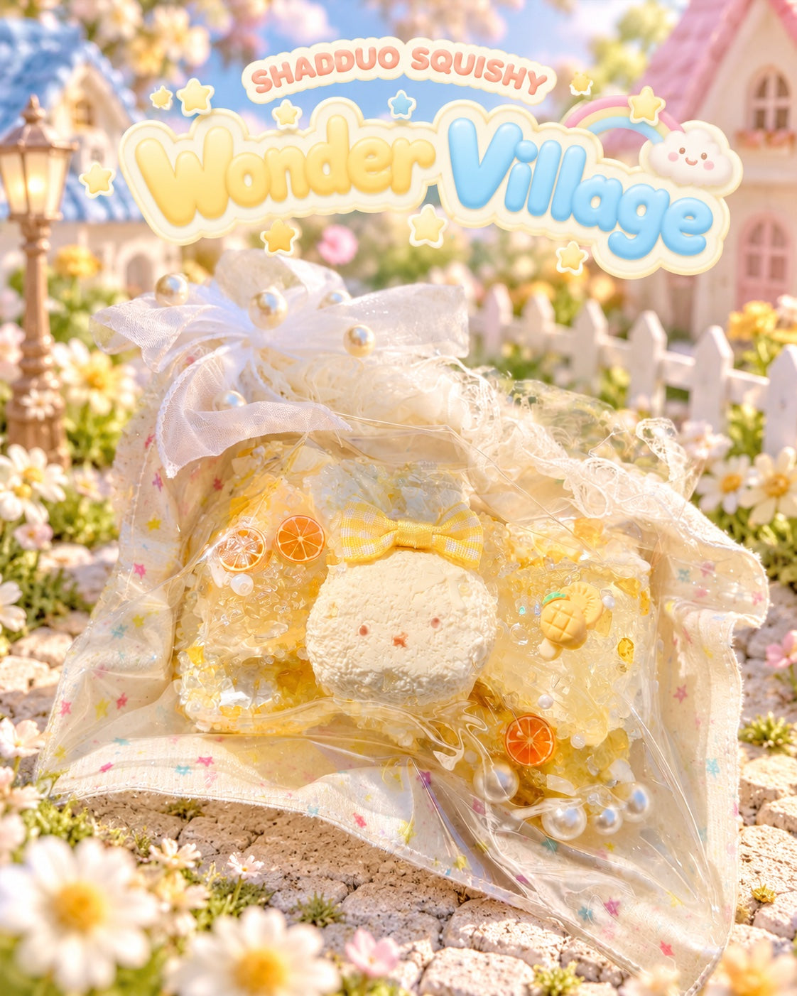 Wonder Village lemon bunny squishy with yellow bow, orange slices and pearls, in a miniature village scene