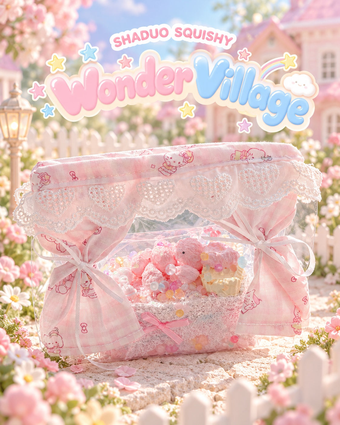 Wonder Village pink basket squishy in a pink lace basket, in a miniature village scene