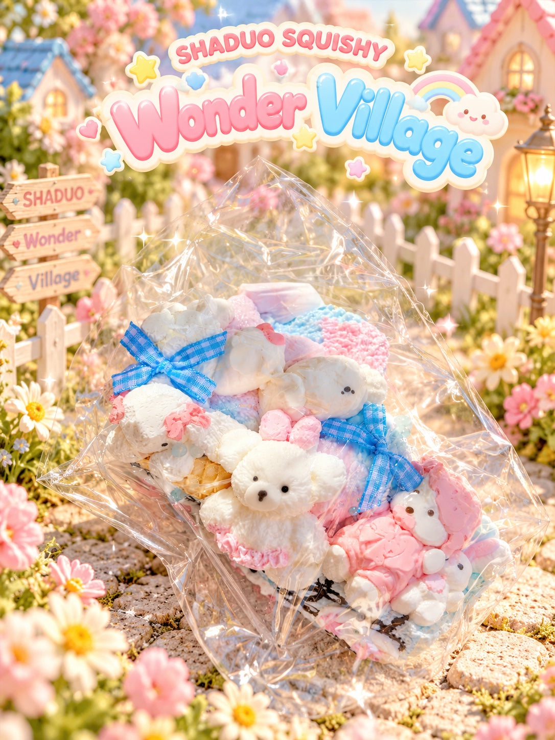 Wonder Village blue bow squishy bag, AI cover