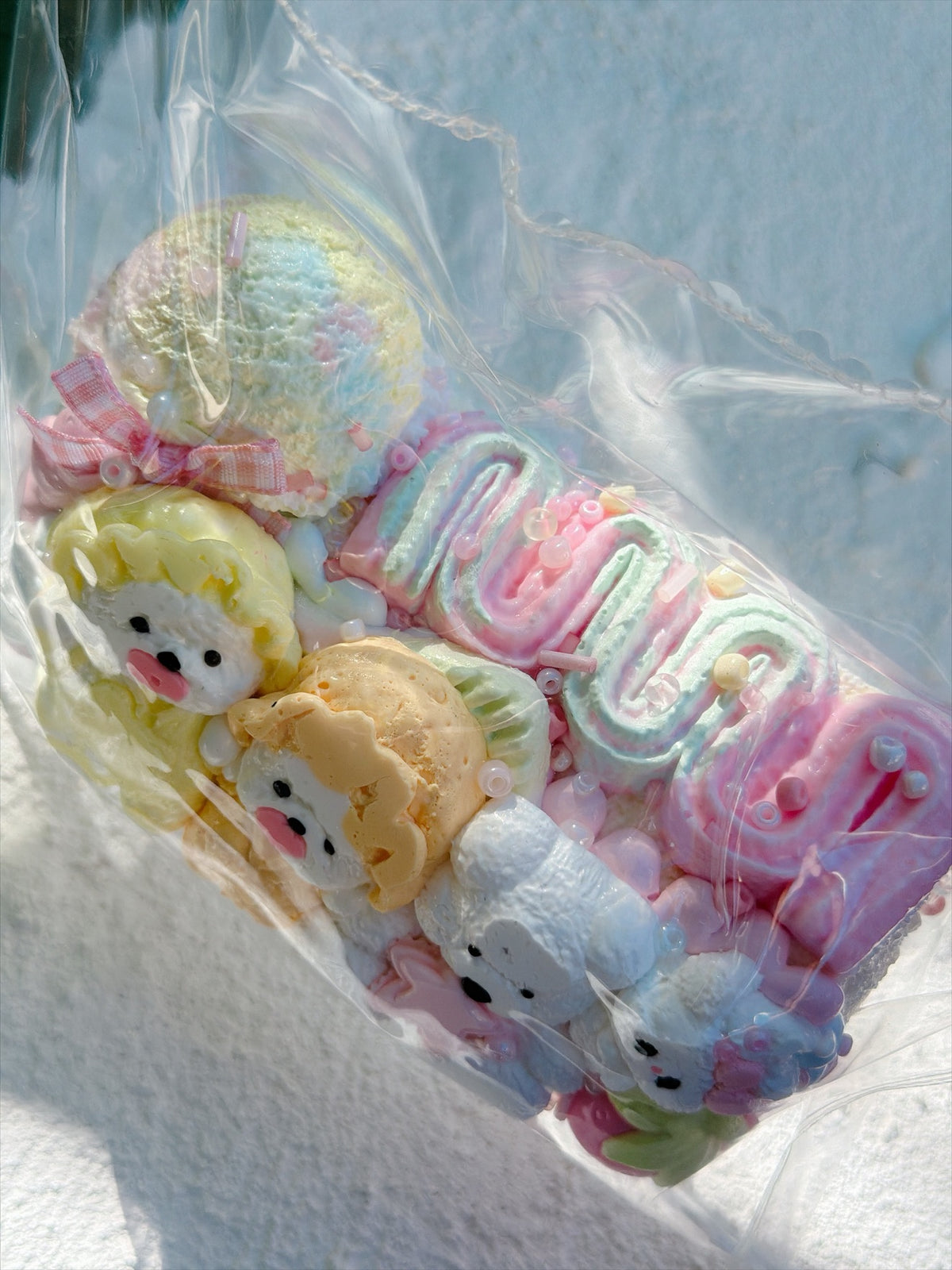 Wonder Village yellow bear squishy bag, close-up
